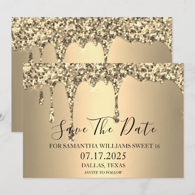 Söta 16 Födelsedagsfest Guld Gnistra Glitter Drips Spara Datumet (Fram/baksida)