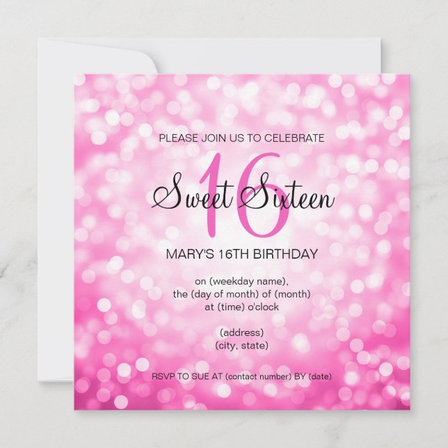 Söta 16 Födelsedagsfest Rosa Glitter Ljus Inbjudningar (Framsida)