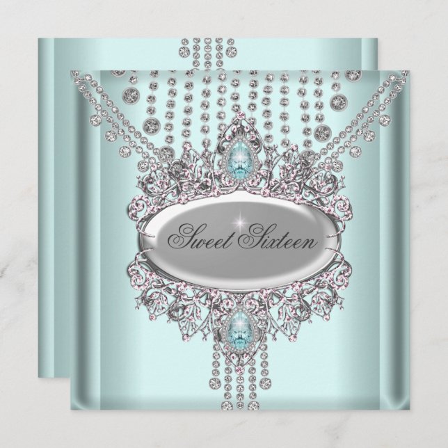 Söta 16 Födelsedagsfesters blå vita diamanter Inbjudningar (Fram/baksida)