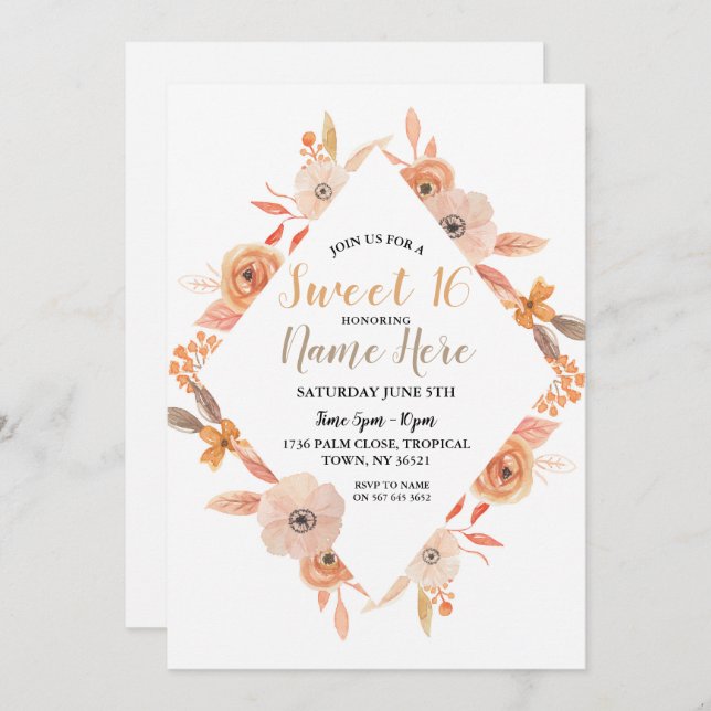 Söta 16 Födelsedagsfesters höstblommor Auburn Inbjudningar (Fram/baksida)