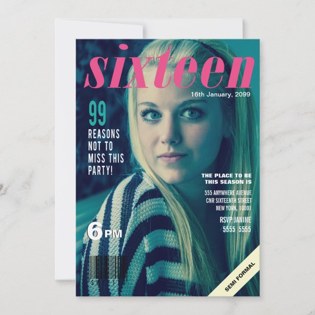 Söta 16 Girls Magazine Cover Photo Inbjudan (Framsida)