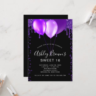 Söta 16 Glamor Black Lila Glitter-ballonger Inbjudningar