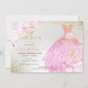 Söta 16 Glitter Gown Ombre Rosa Guld inbjudan
