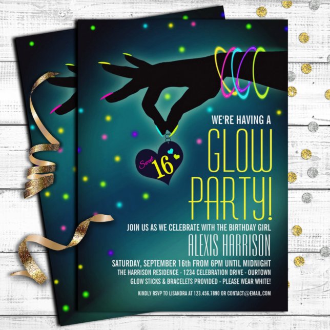 Söta 16 Glow Party-inbjudningar Inbjudningar (Skapare uppladdad)