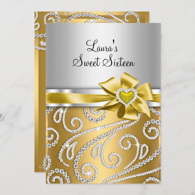 Söta 16 Guld Båge & Gnistrande Diamant Annonsering Inbjudningar (Fram/baksida)
