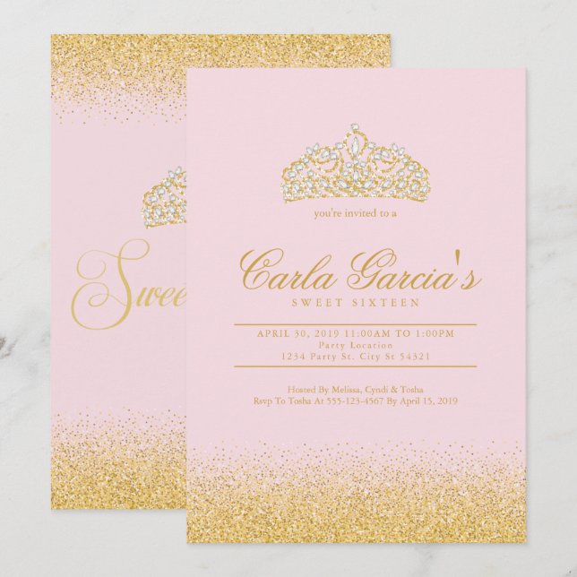 Söta 16 Guld & Sparling-inbjudningar Inbjudningar (Fram/baksida)