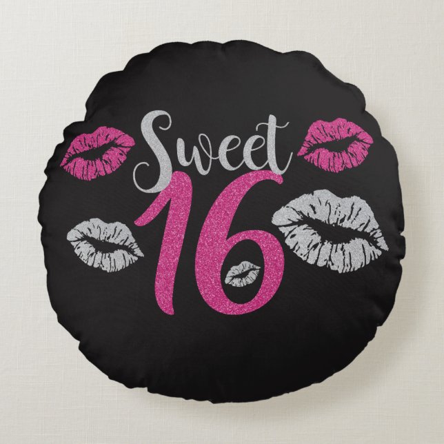 Söta 16 kyssar för Glittery rosasilver Rund Kudde (Framsidan)
