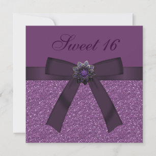 Söta 16 Lila Glitter & Blommjuda Inbjudningskort