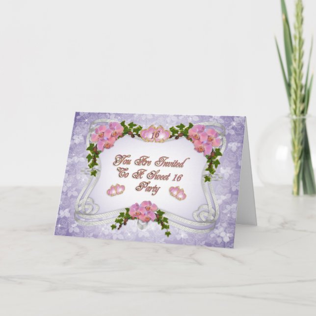 Söta 16-parters inbjudan till rosa orkidéer (Framsida)