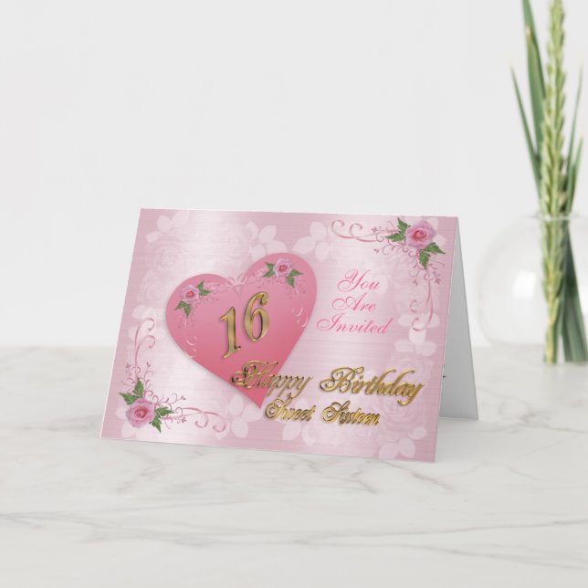 Söta 16-parters inbjudningar till rosa och ro (Framsida)