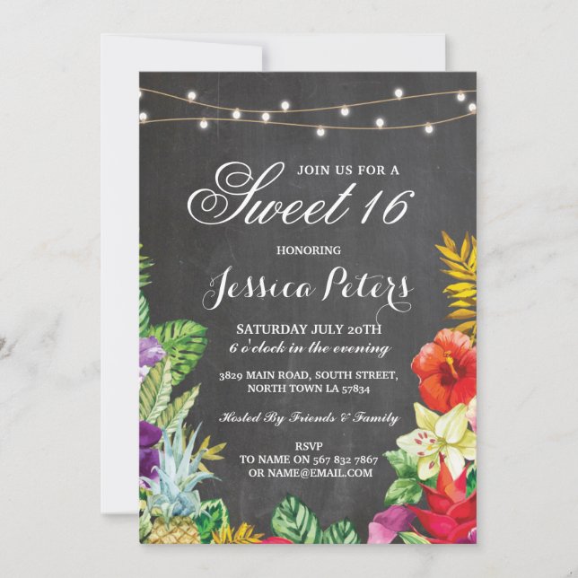 Söta 16 Party Aloha Tropical Ljus Inbjudan (Framsida)