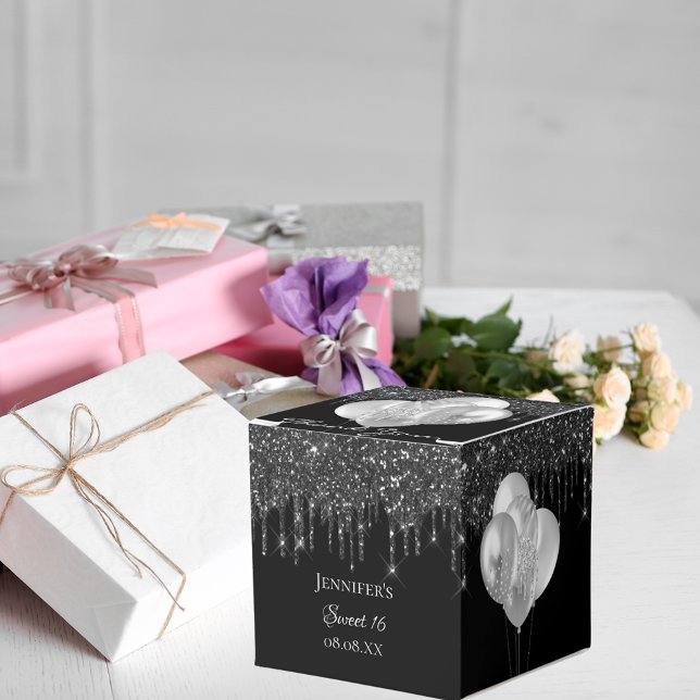Söta 16 party svarta silver glitter-ballonger presentaskar (Skapare uppladdad)