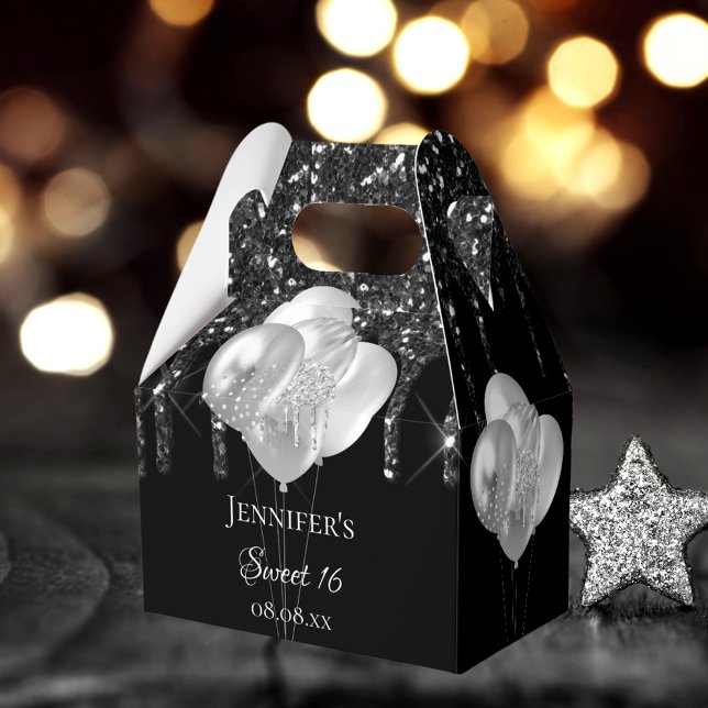 Söta 16 party svarta silver glitter-droppballonger presentaskar (Skapare uppladdad)