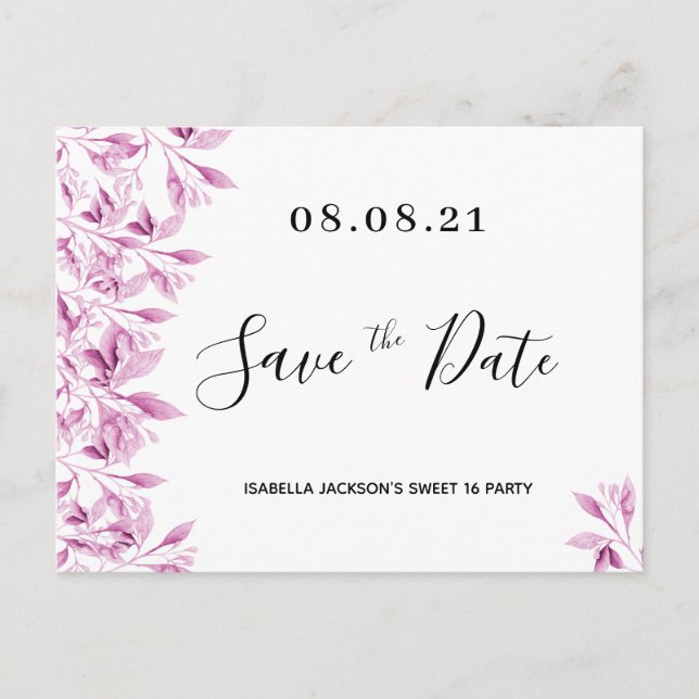 Söta 16 party vita rosa blommigtar spara datumet vykort (Framsida)