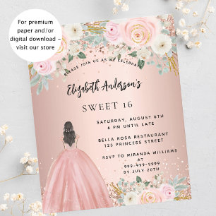 Söta 16 ro-blommor i guld-klär en budgetinbjudan flygblad