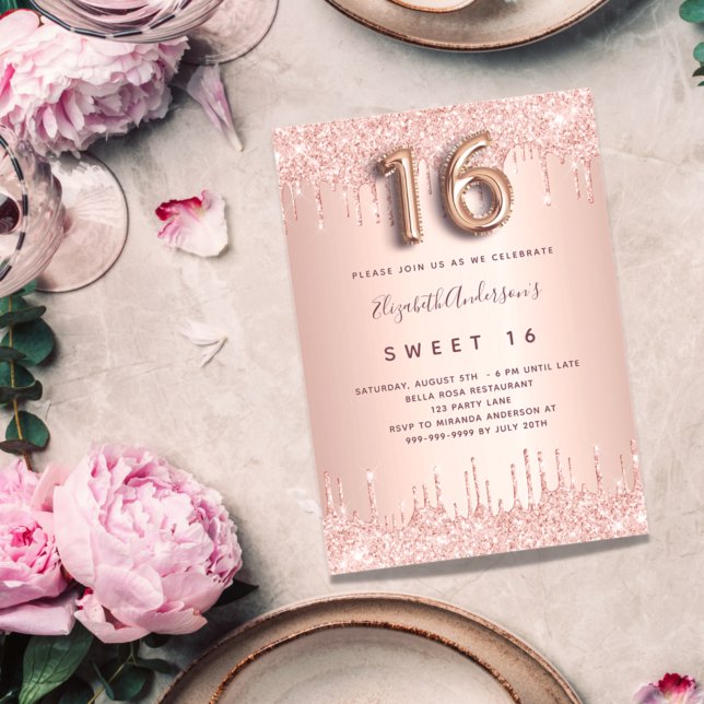 Söta 16 ro guld rosa droppar inbjudningar (Skapare uppladdad)