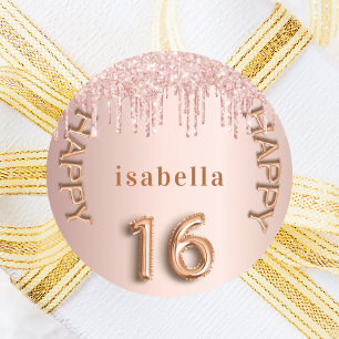 Söta 16 ro guld rosa glitter droppar runt klistermärke