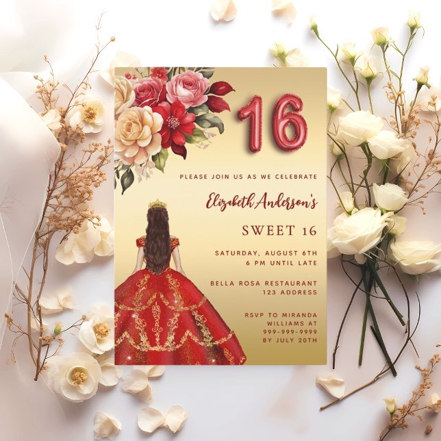 Söta 16 röda blommigtar i guld ro inbjudningar (Skapare uppladdad)