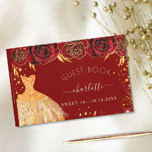 Söta 16 röda blommor av guld-glitter-klänning gästböcker