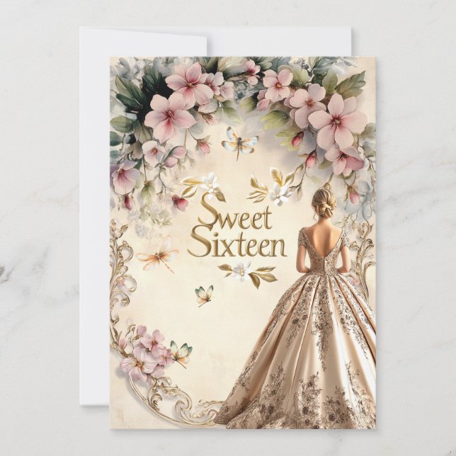Söta 16 rosa blommor med guldförtjuningar inbjudningar (Framsida)