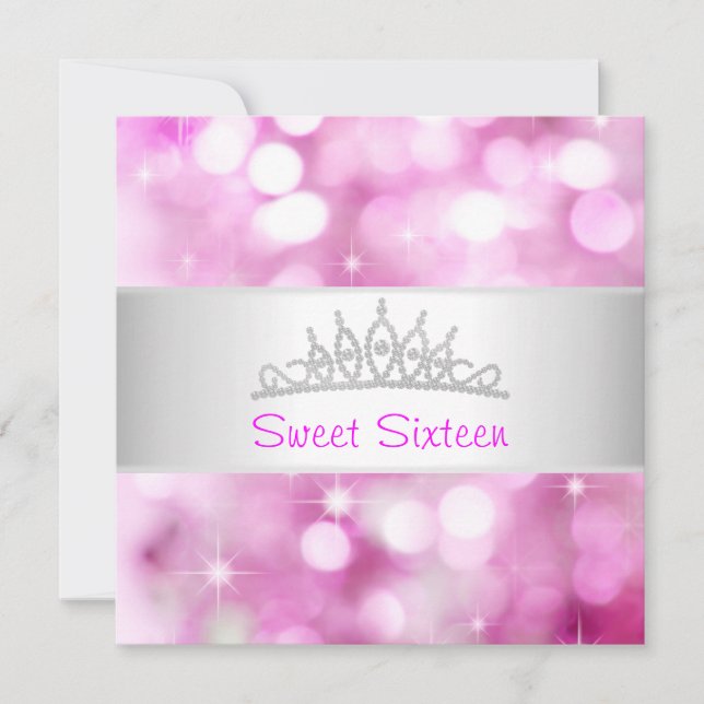 Söta 16 Rosa Bubbles Silver judel Tiara Party 18 Inbjudningar (Framsida)