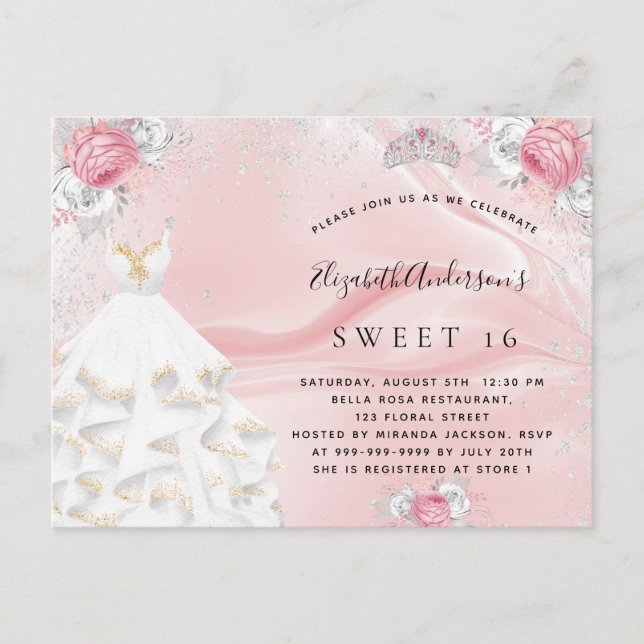 Söta 16  rosa glitter-klädtiara-blommigtar inbjudan vykort (Framsida)