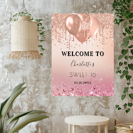 Söta 16 rosa ros guld rosa glitter välkommen poster