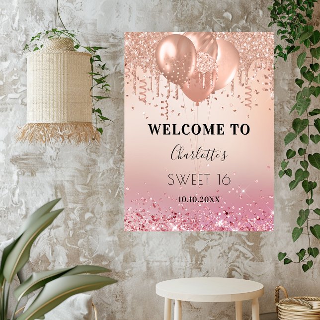 Söta 16 rosa ros guld rosa glitter välkommen poster (Skapare uppladdad)