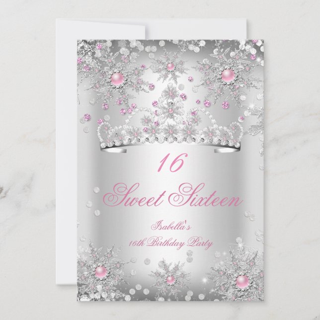Söta 16 Rosa Snöflingor Silver Vinter Värld Inbjudningar (Framsida)