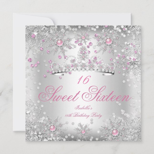 Söta 16 Rosa Snöflingor Silver Vinter Värld Inbjudningar (Framsida)