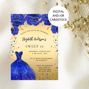 Söta 16 royal blå blommigtar i guld glitter inbjudningar