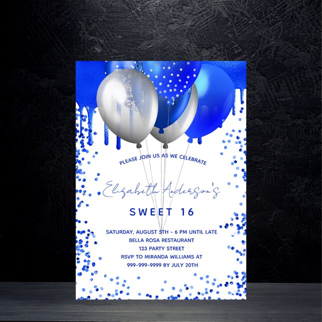 Söta 16 royal blå vita ballonger glitter droppar inbjudan vykort (Skapare uppladdad)