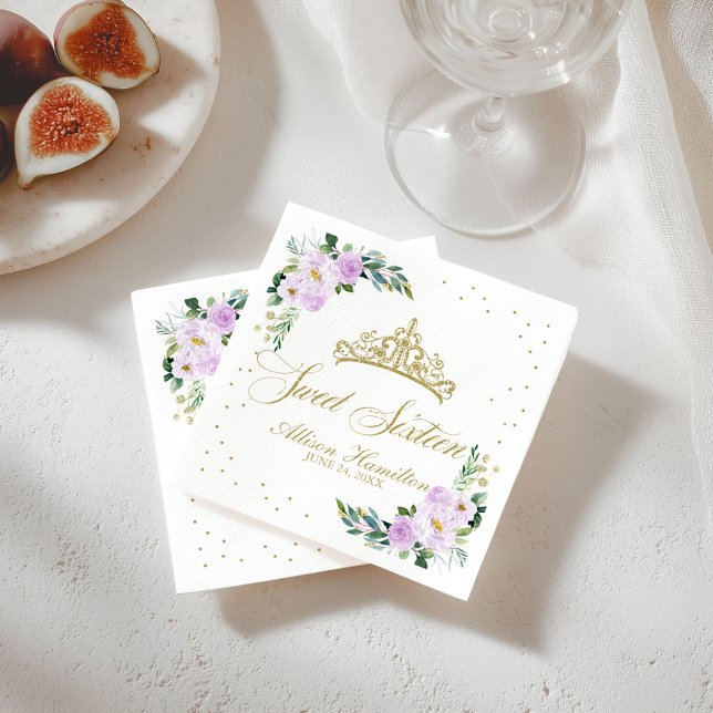 Söta 16 Servetter Guld Tiara Lavendel Blommig (Skapare uppladdad)