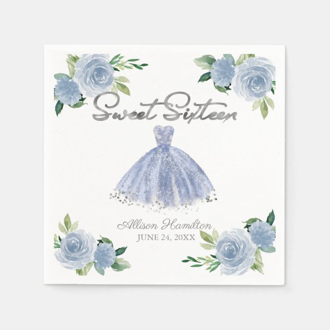 Söta 16 Servetter Silver Dammig Blå Klänning Blomm (Framsidan)