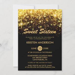 Söta 16 Sexton födelsedag Guld Glitter Sparkles Inbjudningar