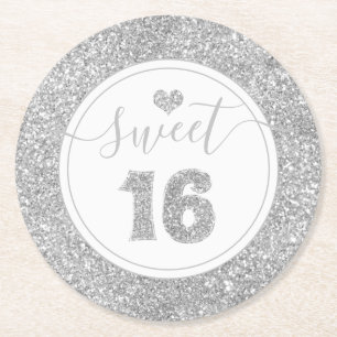 Söta 16 Silver Faux Glitter Födelsedagsfest Underlägg Papper Rund