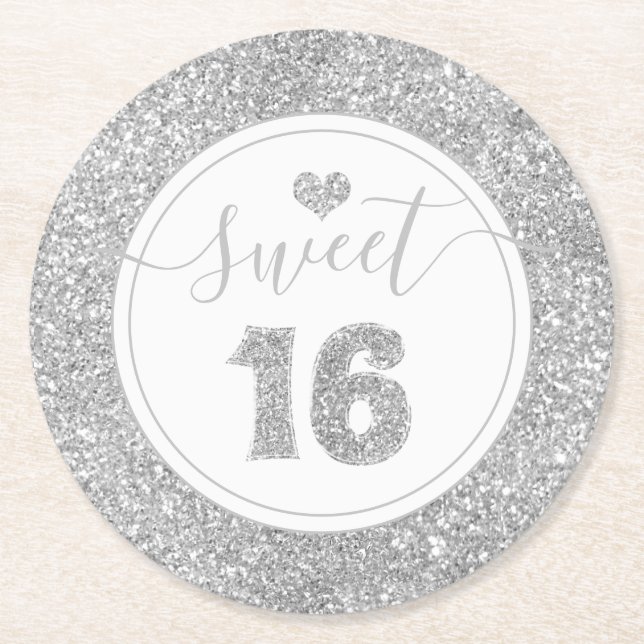 Söta 16 Silver Faux Glitter Födelsedagsfest Underlägg Papper Rund (Framsidan)
