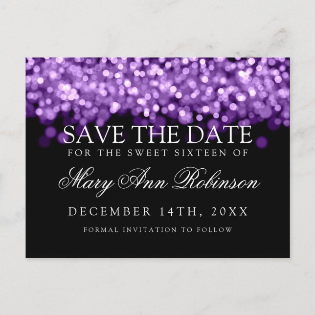 Söta 16 Spara datum skimrande lila ljus Meddelande Vykort (Framsida)