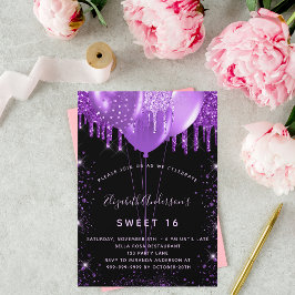 Söta 16 svarta lila glitter-ballonger glamorösa inbjudningar