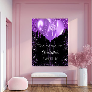 Söta 16 svarta lila glitter välkomstballonger poster