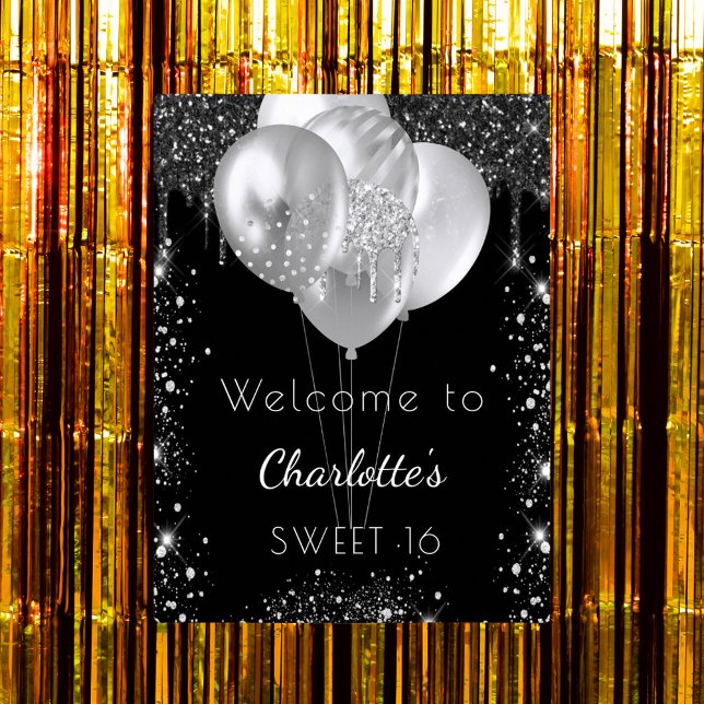 Söta 16 svarta silver glitter välkomstballonger poster (Skapare uppladdad)