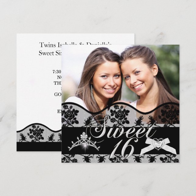 Söta 16 svarta Twillingar - foto-Sweet sixteen Inbjudningar (Fram/baksida)