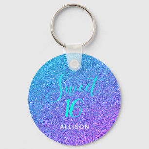 Söta 16 Teal Lila Glitter Ombre Personlig Nyckelring
