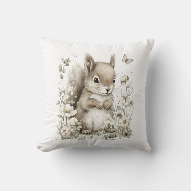 Söta akvarell-babyddjur med blommor kudde (Framsida)