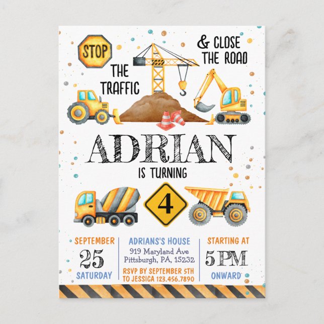 Söta akvarell födelsedags Konstruktionsfordon Vykort (Framsida)