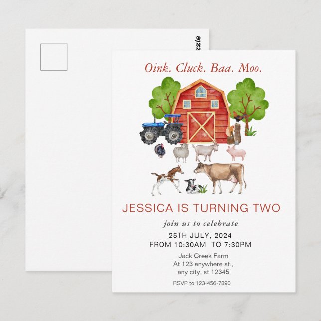 Söta akvarell gårdsdjur barnkalas vykort (Fram/baksida)