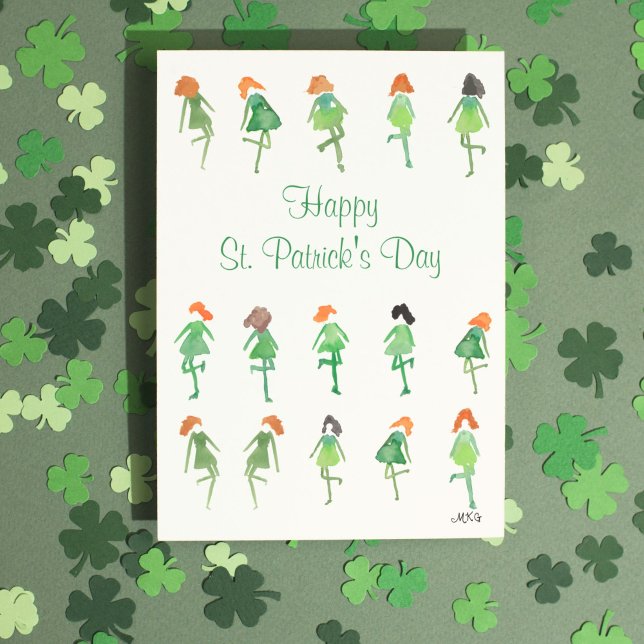 Söta akvarell irländska dansare St. Patrick's Day Kort (This St. Patrick's Day card features my own cute hand-drawn watercolor Irish dancers.)