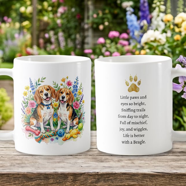 Söta akvarellbeaglar i blommor   kaffemugg (Skapare uppladdad)