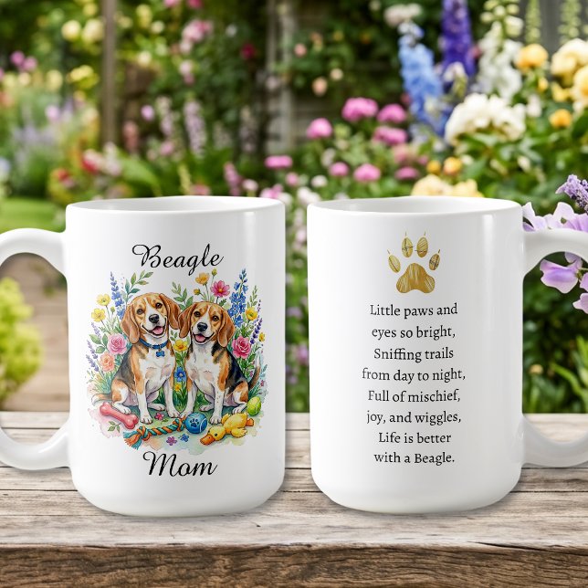 Söta akvarellbeaglar i blommor Personlig Kaffemugg (Skapare uppladdad)