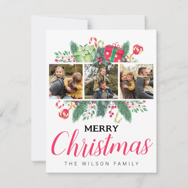Söta akvarellblad God Jul Familjefoton Julkort (Framsida)